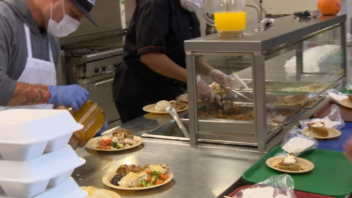 Volunteers served hundreds of hot meals to those in need at the Saskatoon Friendship Inn's annual Thanksgiving dinner on Monday, Oct. 11, 2021.