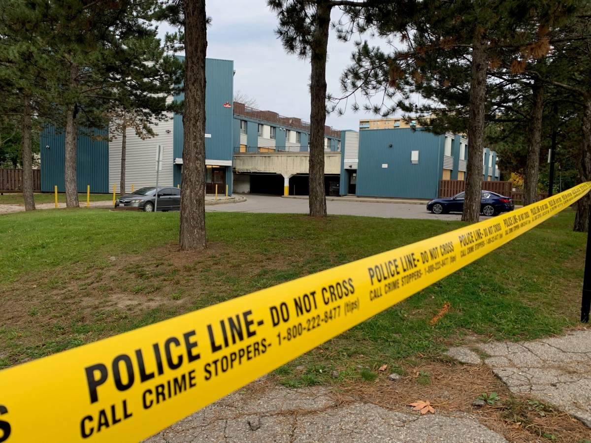 Police tape is seen in the area of Jane Street and Yorkwoods Gate on Saturday.