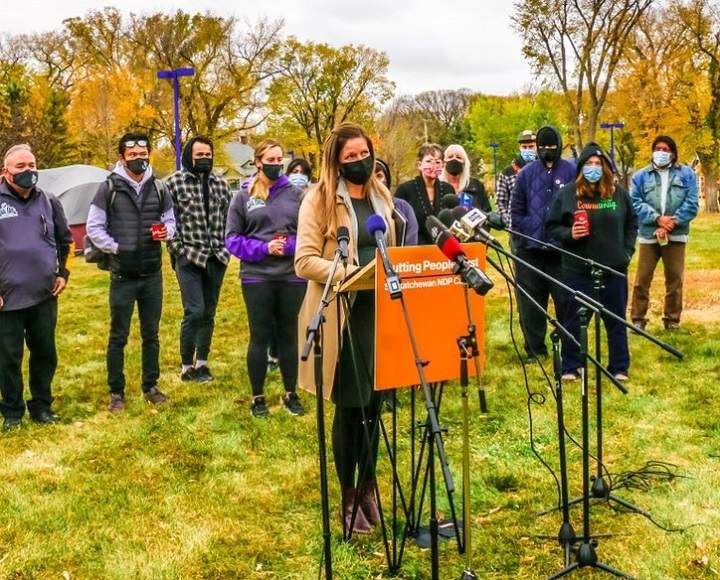Meara Conway, NDP critic for social services, housing and human rights, addressed reporters during a media event on Oct. 12 at Pepsi Park in Regina.