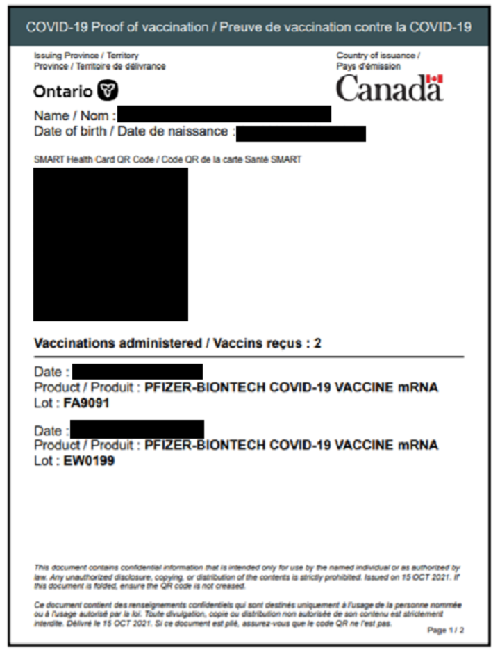 A sample of Ontario’s QR code certification.