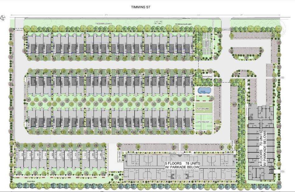The proposed site layout for a large multi-family residential development near Okanagan College in Penticton, B.C.