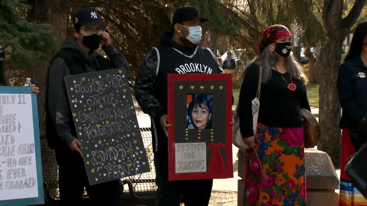 People gathered to honour Jackie Crazy Bull in Calgary on Saturday, Oct. 16, 2021.