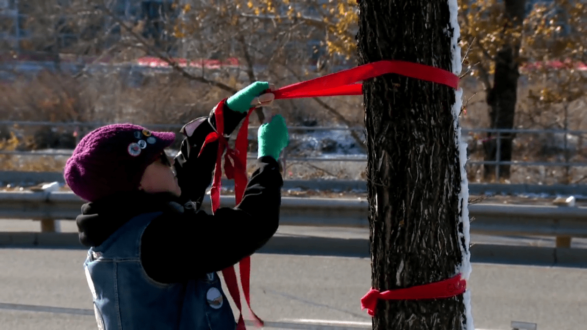 People hung up MMIWG ribbons in Calgary on Saturday, Oct. 30, 2021.