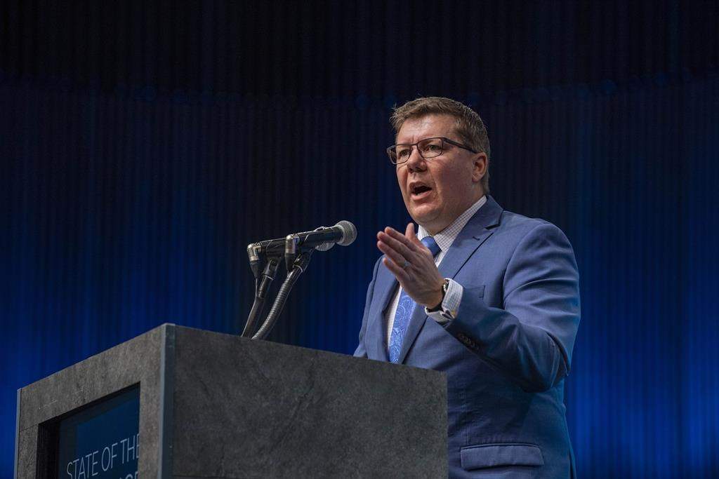 Saskatchewan Premier Scott Moe speaks in Saskatoon, Sask., on Oct. 25, 2021. THE CANADIAN PRESS/Liam Richards.