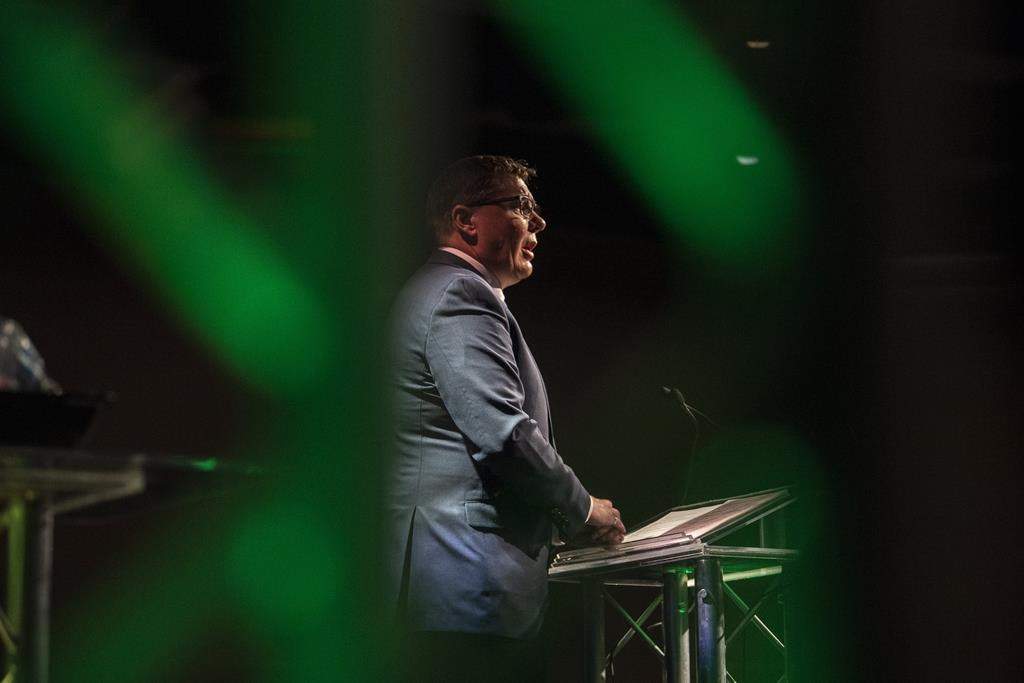 Saskatchewan Premier Scott Moe speaks during the Saskatchewan Party 2021 Convention in Saskatoon, Sask., Saturday, Nov. 6, 2021. Moe survived a leadership review today at the Saskatchewan Party's convention in Saskatoon, with a majority of members showing strong support for the leader. THE CANADIAN PRESS/Liam Richards.