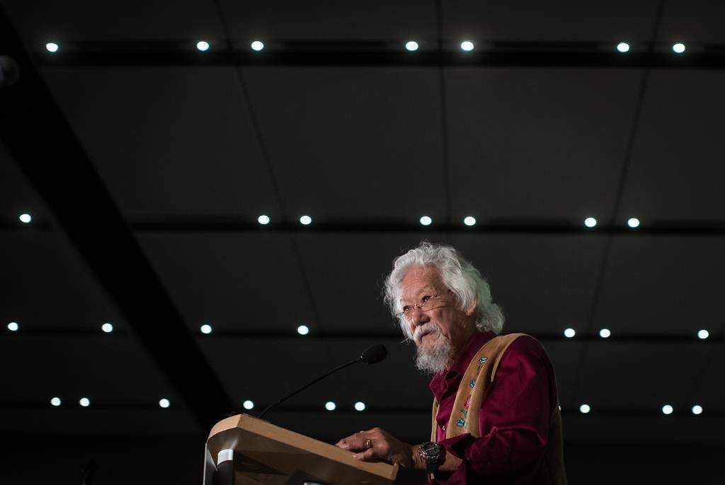 Environmental activist David Suzuki speaks during a rally in Vancouver on October 19, 2019.
