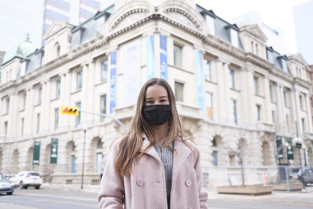 Ariana Donovan poses for a photo at the Cornwall Centre, in Regina, Thursday, Nov. 25, 2021. Donovan, who works as a model, says contract workers should be better protected under provincial occupational health and safety rules. THE CANADIAN PRESS/Michael Bell.