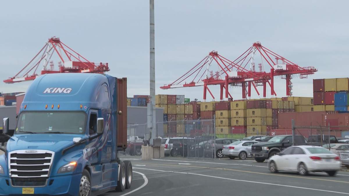 A truck leaving the Port of Halifax after picking up cargo.