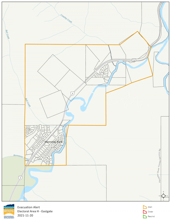 The RDOS has issued an evacuation alert for more than 100 properties in Eastgate, San Ang and Manning Park.