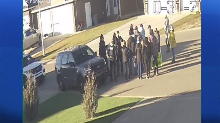 Protesters gathered outside of Grande Prairie MLA Tracy Allard’s home on Oct. 31, 2021.