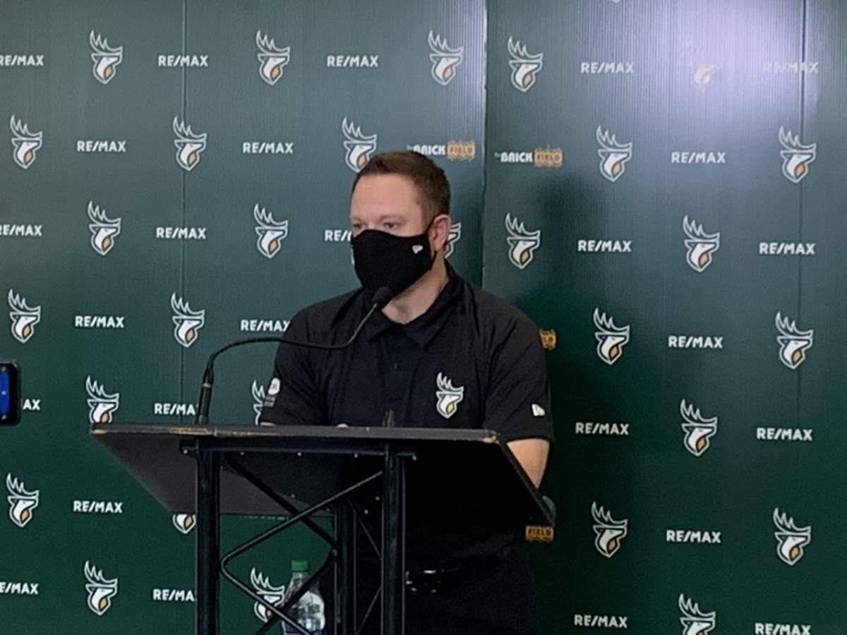 Edmonton Elks general manager Brock Sunderland addresses the media on the 2021 CFL season on Nov. 22, 2021.
