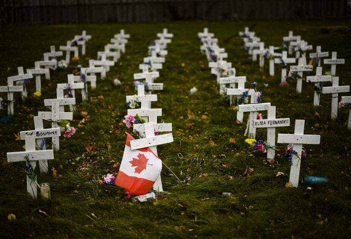 Crosses are displayed in memory of the elderly who died from COVID-19 at the Camilla Care Community facility during the COVID-19 pandemic in Mississauga on Thursday, November 19, 2020.