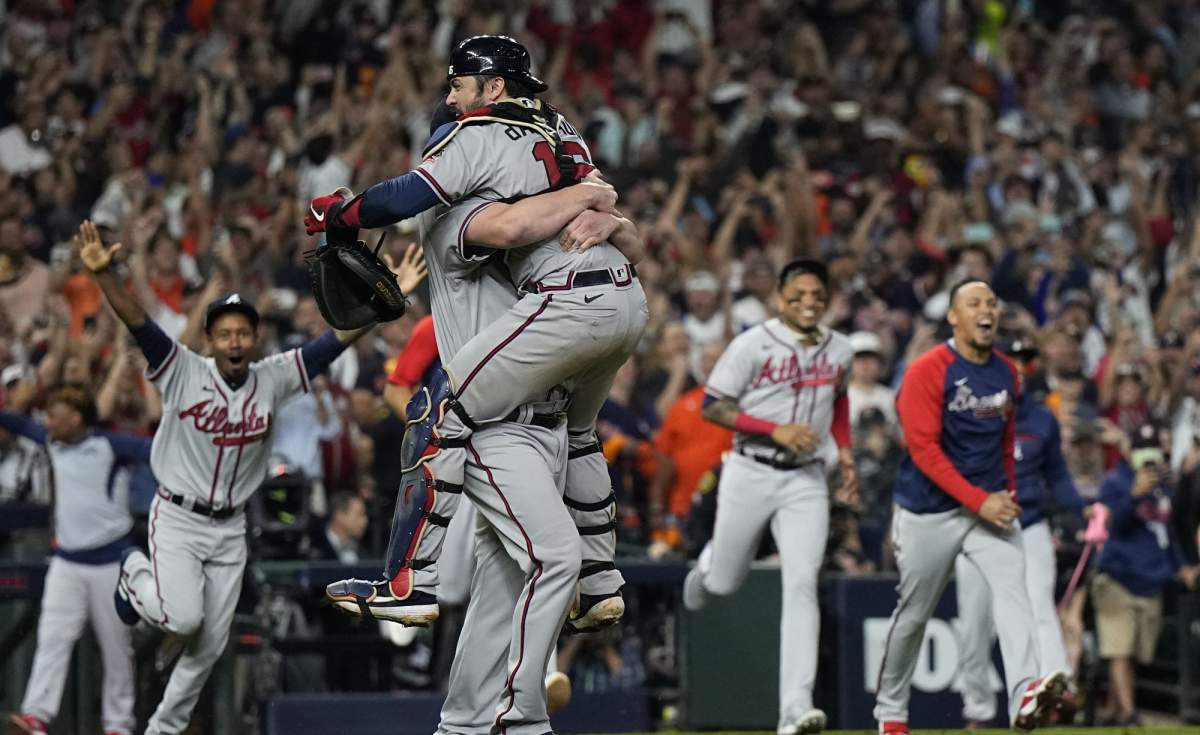The Atlanta Braves celebrate after winning baseball's World Series in Game 6 against the Houston Astros Tuesday, Nov. 2, 2021, in Houston. The Braves won 7-0. (AP Photo/David J. Phillip).