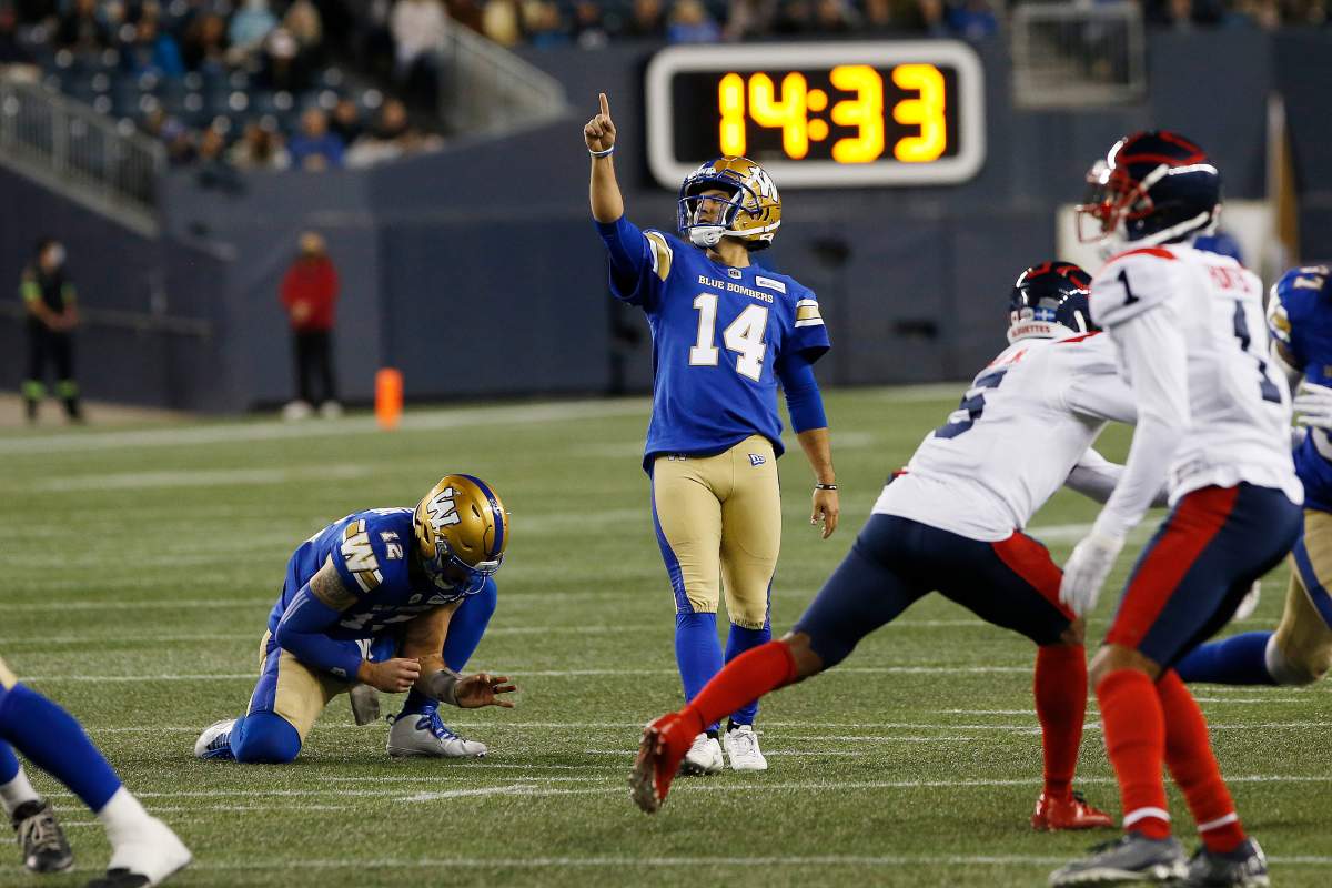 Winnipeg Blue Bombers kicker Sergio Castillo (14) kicks a field goal against the Montreal Alouettes during the first half of CFL action in Winnipeg Saturday, November 6, 2021.