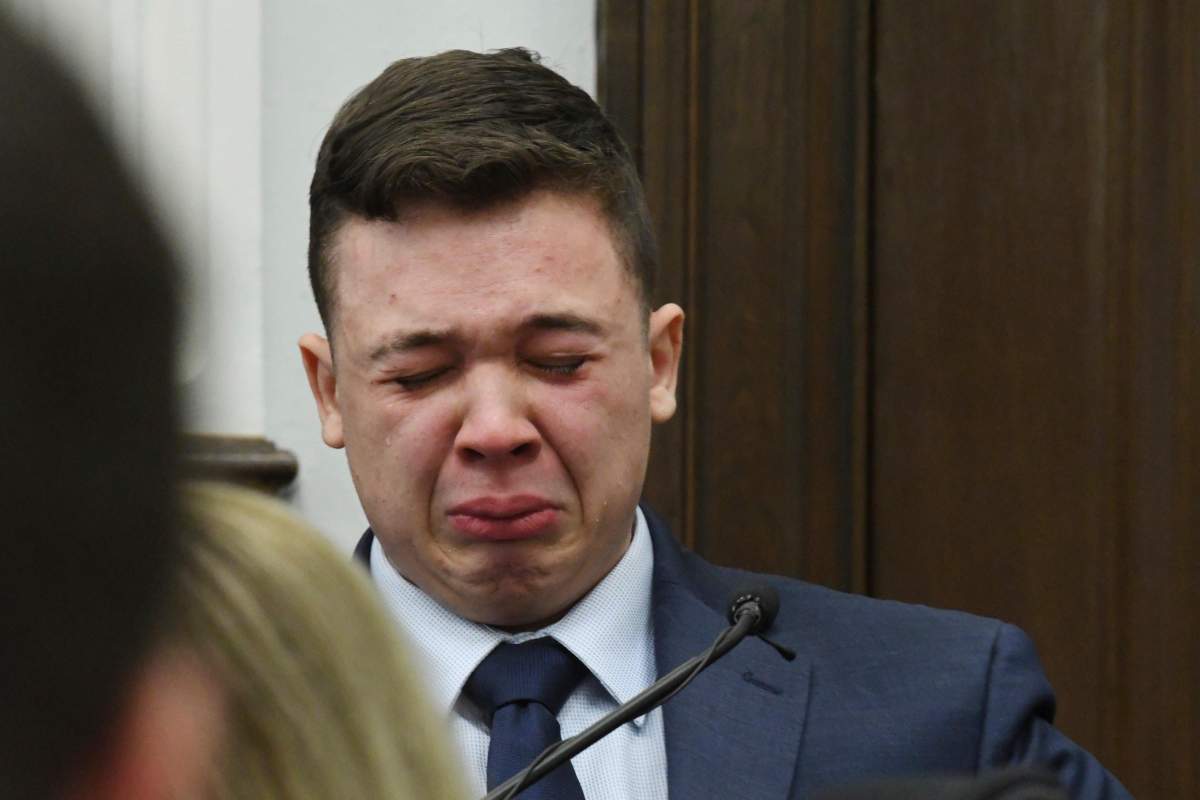 Kyle Rittenhouse breaks down on the stand as he testifies about his encounter with the late Joseph Rosenbaum during his trial at the Kenosha County Courthouse in Kenosha, Wis., on Wednesday, Nov. 10, 2021.