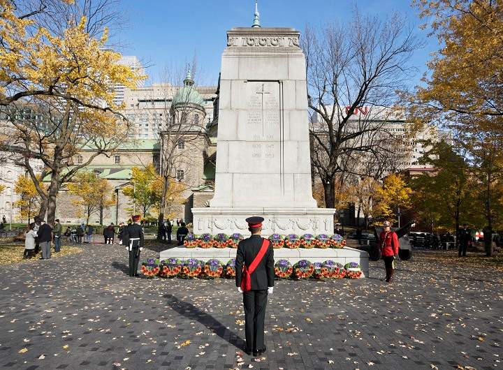 An Honour Guard leaves the cenotaph after Remembrance Day ceremonies Thursday, November 11, 2021 in Montreal. Ryan Remiorz/The Canadian Press