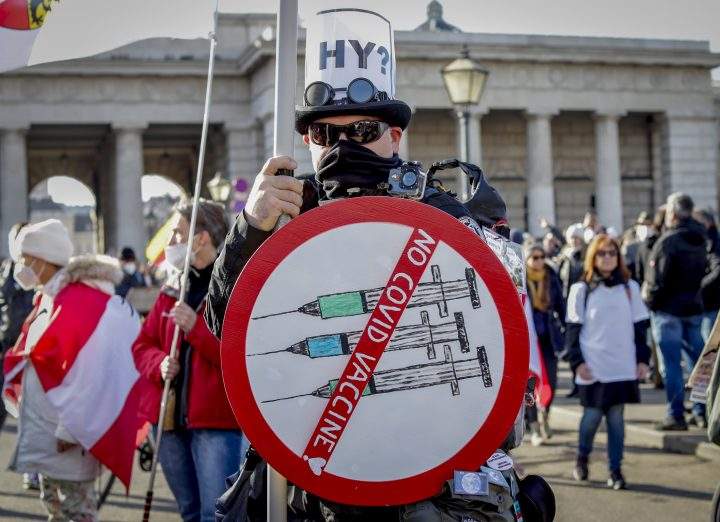 A man takes part in a demonstration against the country’s coronavirus restrictions in Vienna, Austria, Saturday, Nov.19, 2021.