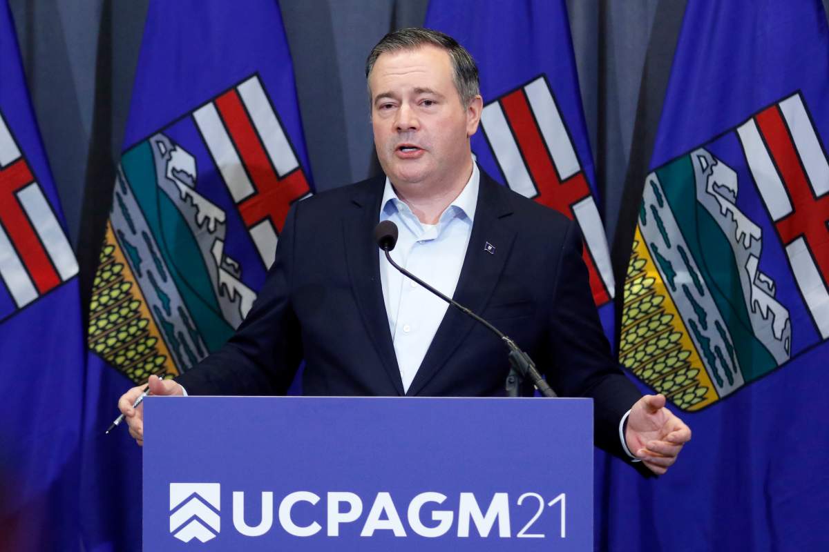Alberta Premier Jason Kenney speaks after the United Conservative Party annual meeting in Calgary on Sunday, Nov. 21, 2021.