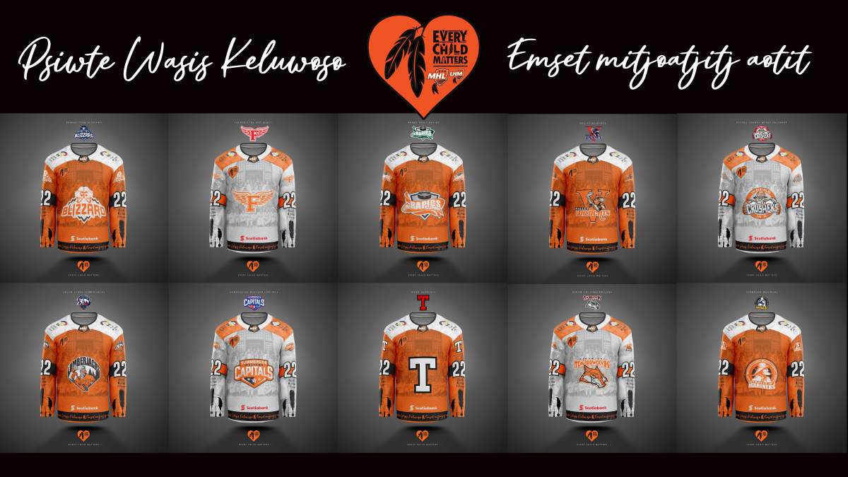 Players in the Maritime Junior Hockey League will be donning specially designed jerseys, as shown in this handout image, over the next week to celebrate Indigenous groups in the country as a part of the organization’s Week of Reconciliation. Members of the league’s 12 teams will hit the ice from Nov. 24 to Dec. 5 while wearing the jerseys that feature an image of residential school survivors and the phrase “Every Child Matters.” .