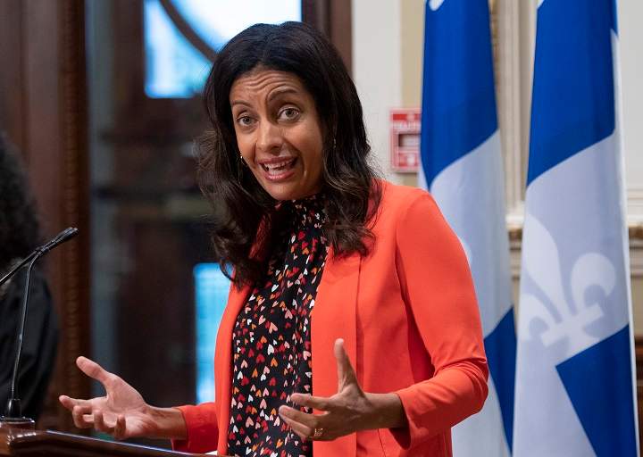 Quebec Liberal Leader Dominique Anglade speaks at a press conference before entering a pre-session party caucus, Thursday, September 3, 2020  at the legislature in Quebec City. 