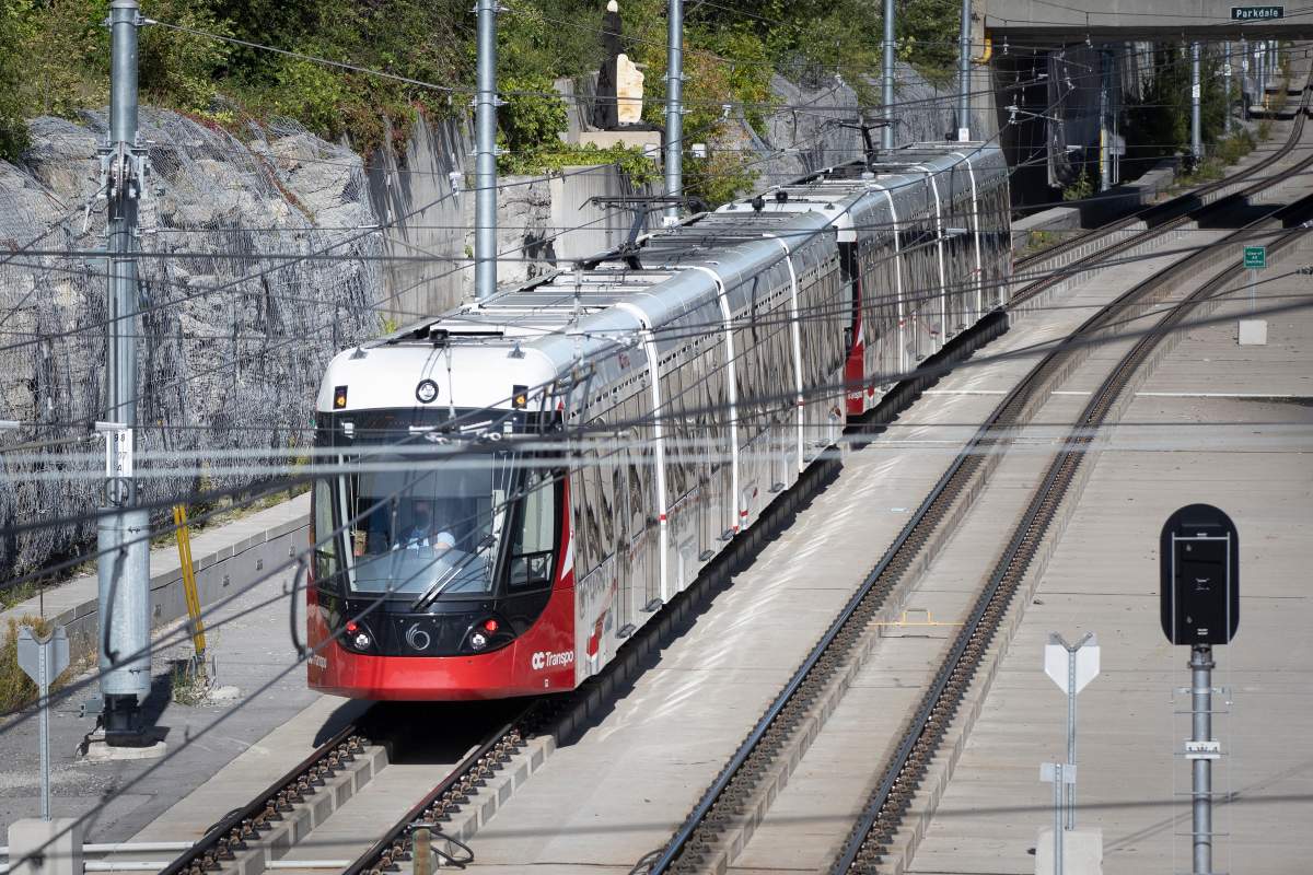 An OC Transpo Light rail transit (LRT) train arrives at the Tunney's Pasture station in Ottawa, Ontario on Saturday, Sept. 12, 2020. File photo.