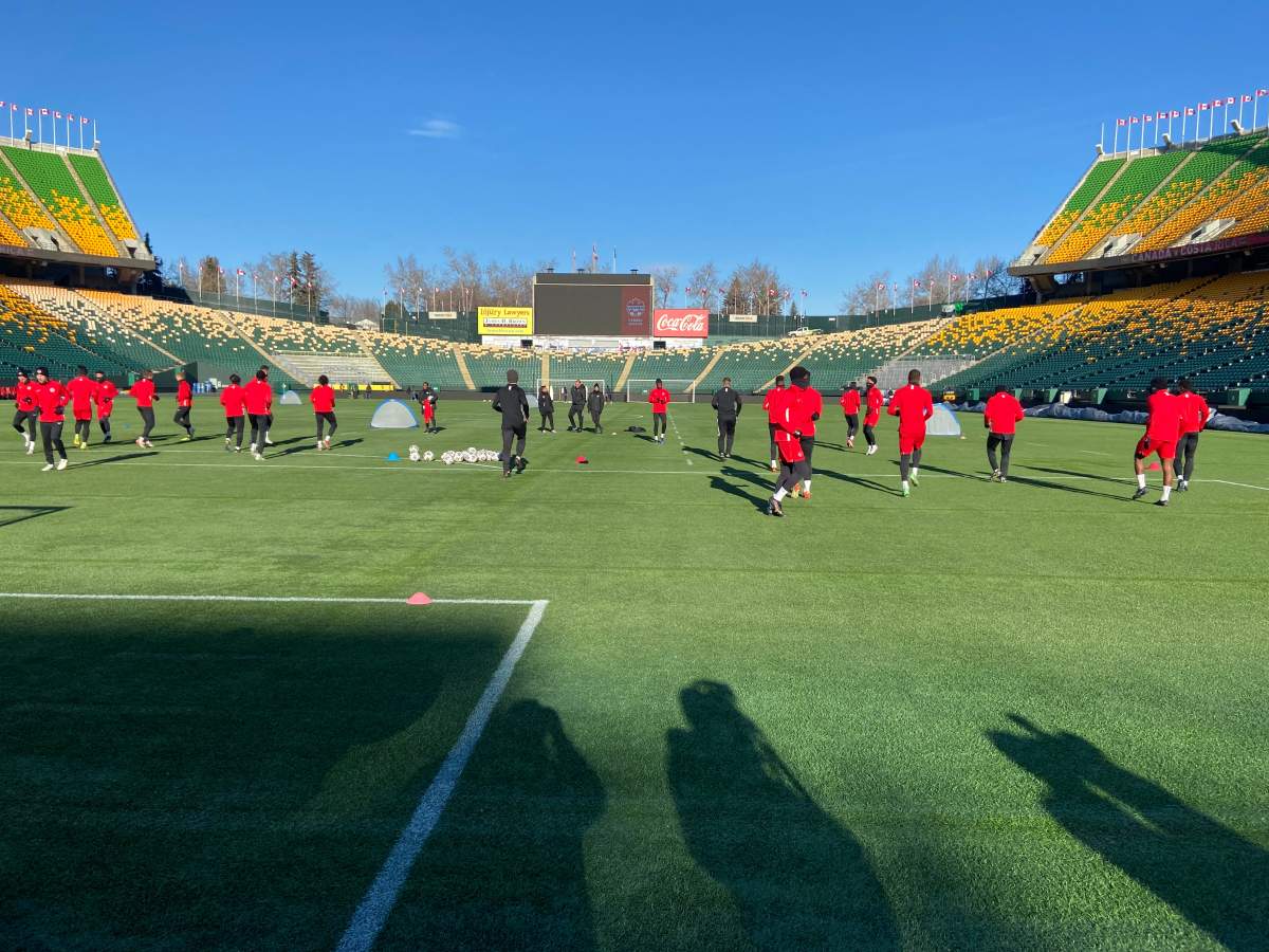 The Canadian men’s soccer team at practice preparing for a World Cup qualifying match in Edmonton against Costa Rica, Wednesday, Nov. 10, 2021.
