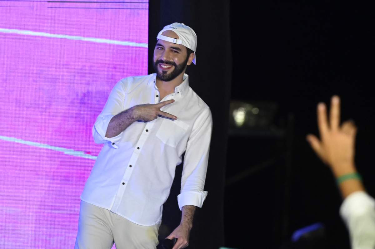 President of El Salvador, Nayib Bukele, gestures during his speech at the closing ceremony of the Latin Bitcoin conference (LaBitConf) at Mizata Beach, El Salvador, on Nov. 20, 2021.  (Photo by MARVIN RECINOS/AFP via Getty Images)