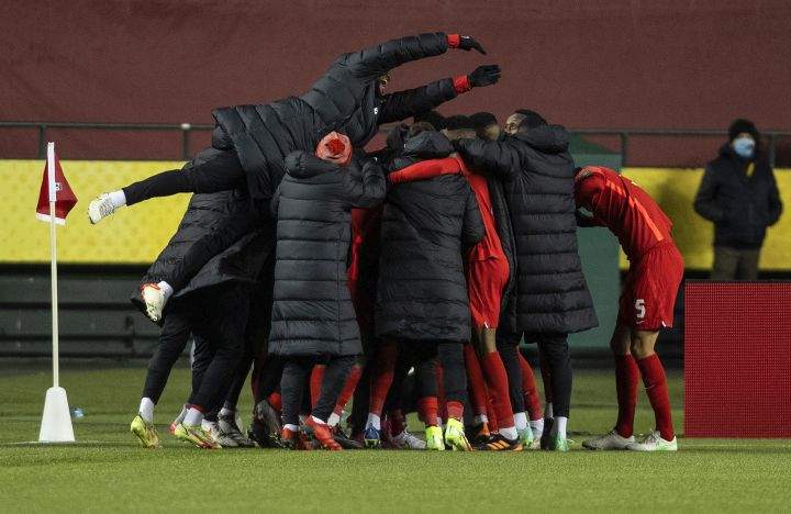 Team Canada celebrates a goal against Costa Rica during second half World Cup qualifier soccer action in Edmonton on Friday, November 12, 2021.