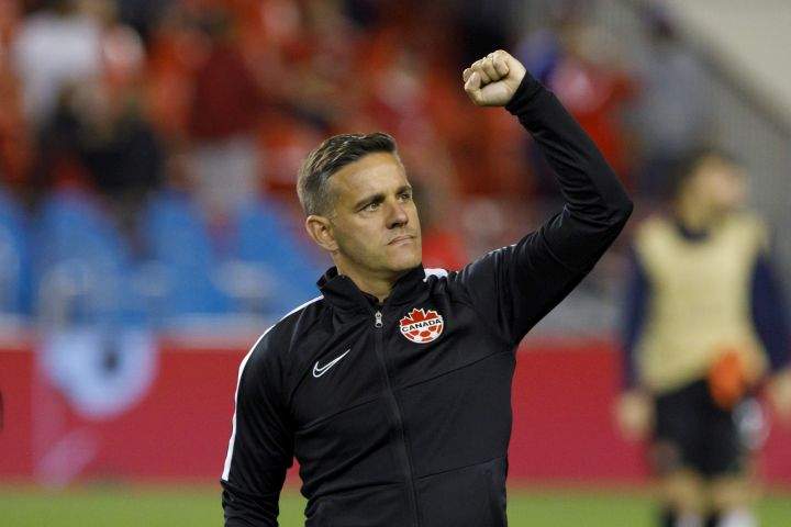 Canada head coach John Herdman celebrates after beating Cuba 6-0 in CONCACAF Nations League play at BMO Field in Toronto, Saturday, Sept. 7, 2019.