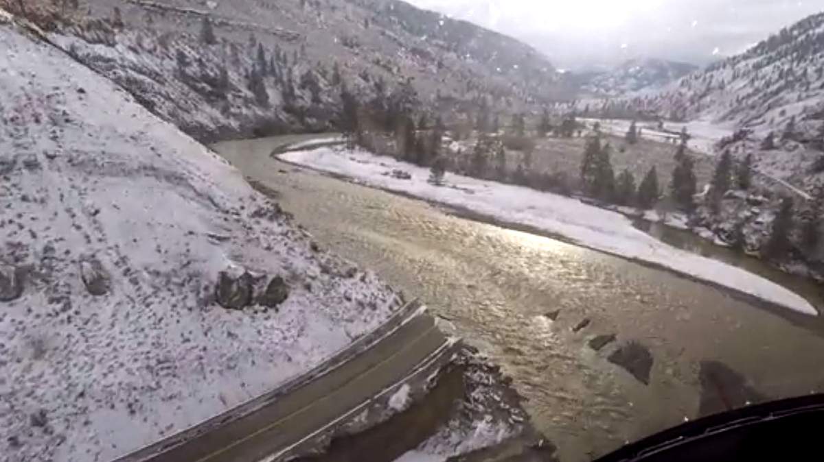 Another aerial view showing a flood-damaged section of Highway 8 in B.C.’s Southern Interior.