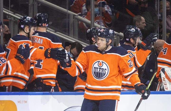 Edmonton Oilers’ Leon Draisaitl (29) celebrates a goal during first period NHL action against the Seattle Kraken, in Edmonton, Monday, Nov. 1, 2021.