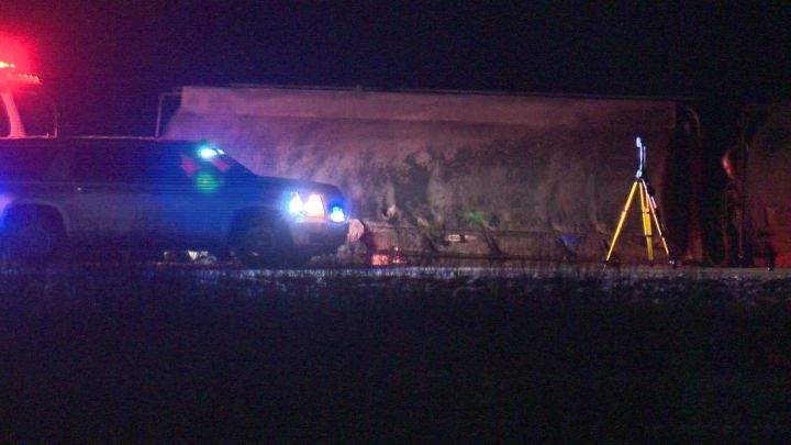Police investigate a deadly collision on Highway 15 near Lamont, Alta., on Friday, Nov. 19, 2021.