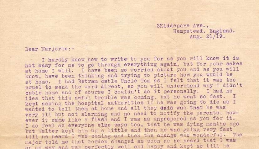 Part of the first page of the letter from Thyrza Moore, to her sister Marjorie in Toronto, where she details the last days and the funeral of their brother Lt. James Gordon Moore in England in August 1919.