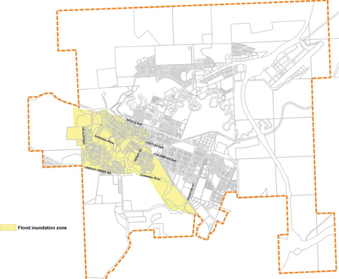 A map outlining Merritt, B.C.’s flood inundation zone was released by the municipality on Thurs. Nov. 25, 2021. Residents with properties in that vicinity are asked to contact the city for an update on their property’s rapid damage assessment. Merritt was evacuated due to severe flooding on Nov. 15.