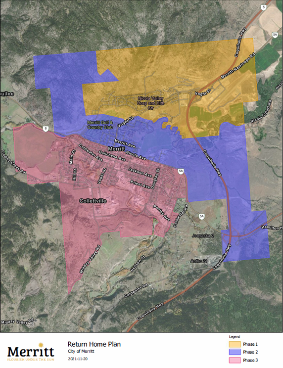 The City of Merritt, B.C. has shared its return-to-home plan after evacuating on Nov. 15, 2021 due to historic flooding. The yellow second represents the first phase, while purple and pink represent the second and third phases, respectively.