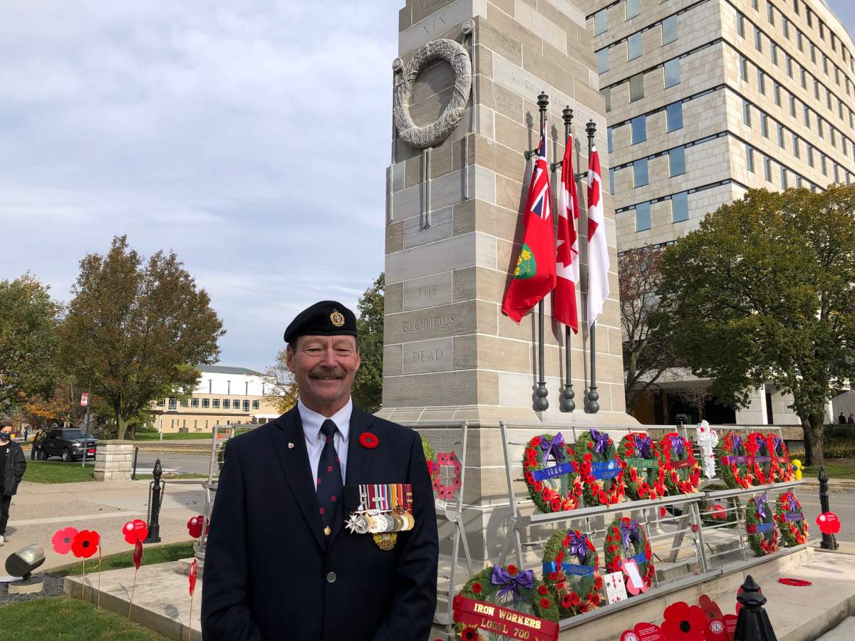 Parade commander, retired Lt. Col. Rick Phillips in London, Ont., on Nov. 11, 2021.