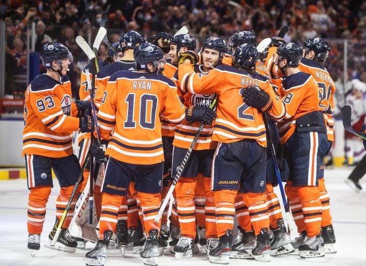 Edmonton Oilers players celebrate the win over the New York Rangers in overtime NHL action in Edmonton on Friday, November 5, 2021.