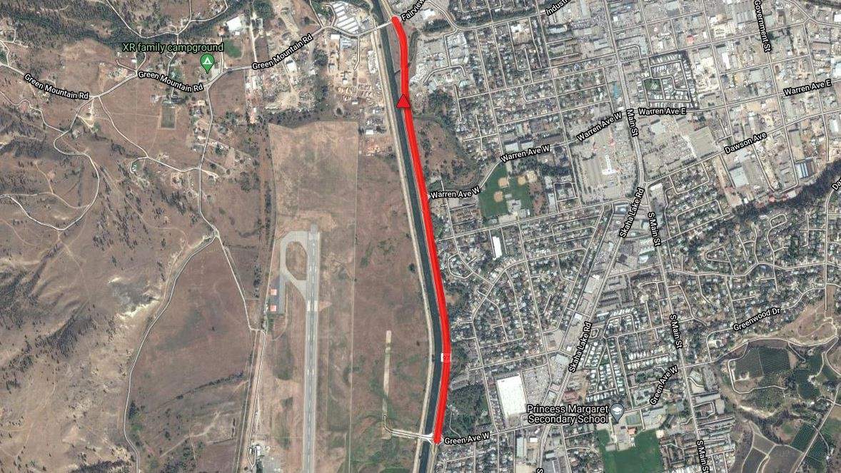 A map showing the section of Highway 97 in Penticton that was closed for around 90 minutes on Tuesday because of a multi-vehicle crash.