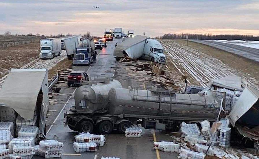 A fatal collision involving several semi trucks on the QEII highway north of Ponoka, Alta. on Wednesday, Nov. 25, 2021.