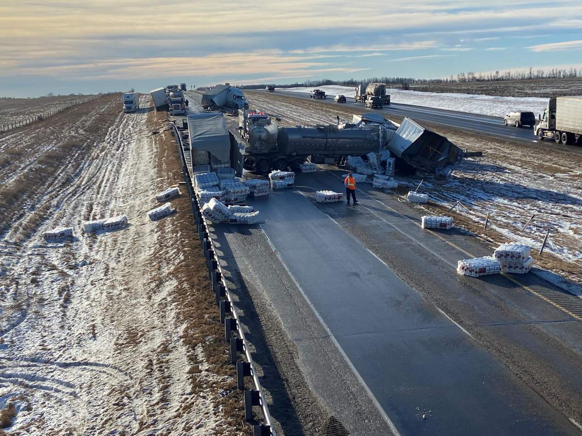 A fatal collision involving several semi trucks on the QEII highway north of Ponoka, Alta. on Wednesday, Nov. 25, 2021.