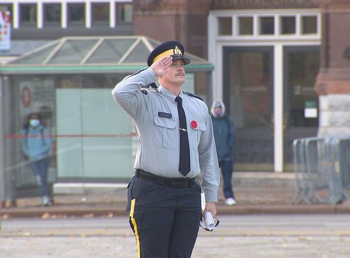 Cpl. Rielly Knock, pictured here saluting the National War Memorial in Ottawa, has been selected as RCMP sentry for Thursday’s national Remembrance Day ceremony.
