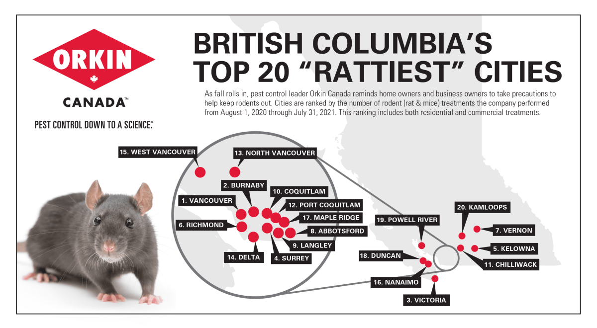 The rankings are based on the number of commercial and residential rodent treatments that Orkin Canada carried out from August 2020 to July 2021.