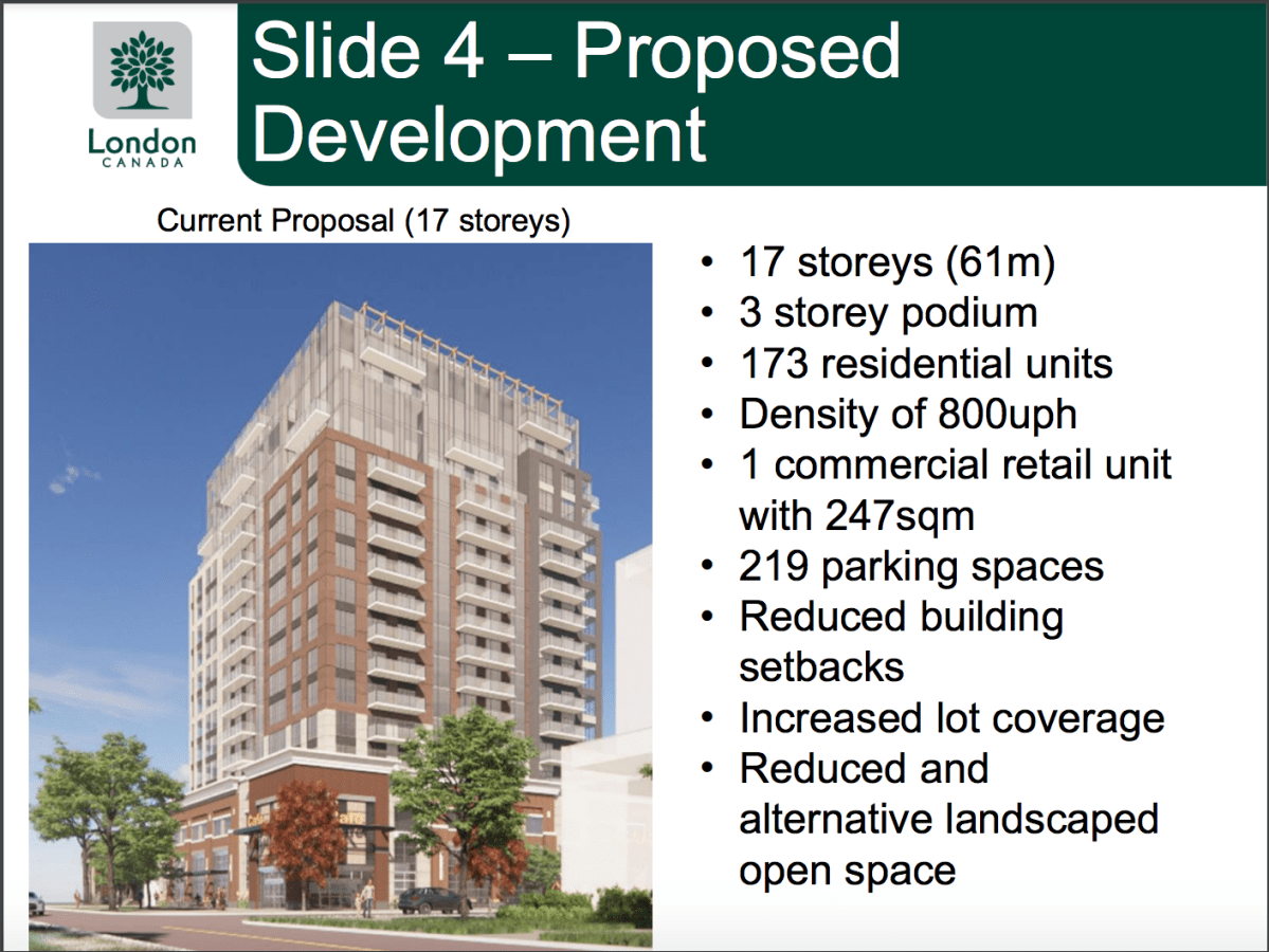 A slide from a City of London presentation on Auburn Development’s rezoning application for an apartment at 560 and 562 Wellington St.