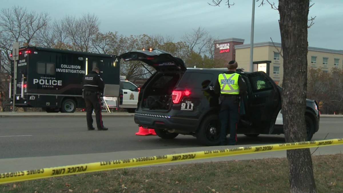 Police investigate a deadly collision in north Edmonton on Nov. 4, 2021.