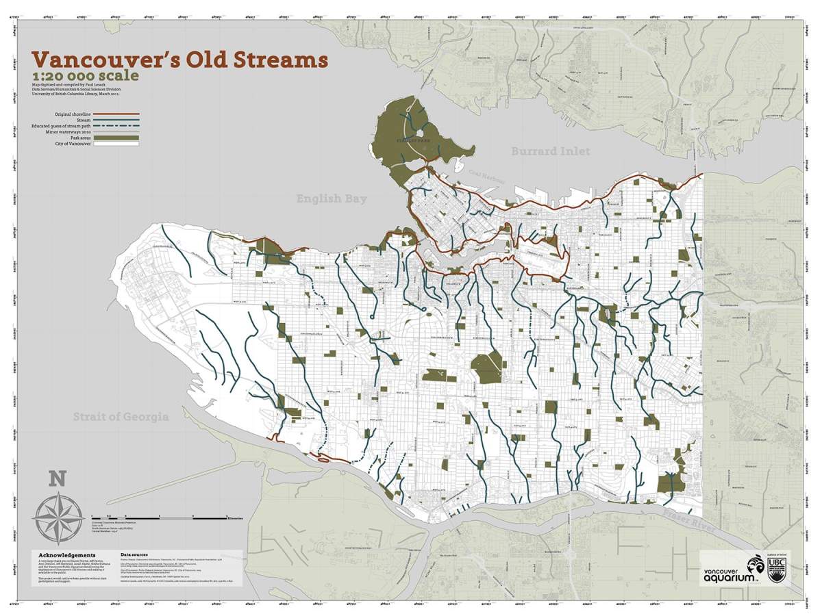 Map of Vancouver shows a network of ‘underground’ rivers and streams in the city, most of which have either been paved over, or have dried up.