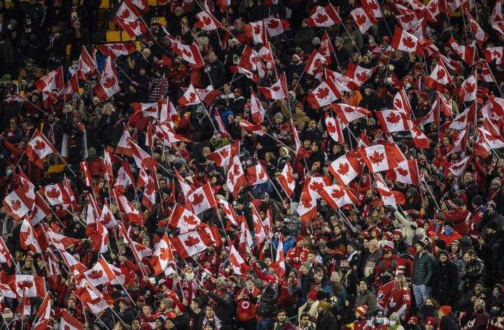 Fans, cheers for Team Canada as they take on Costa Rica during World Cup qualifier soccer action in Edmonton on Friday, November 12, 2021.