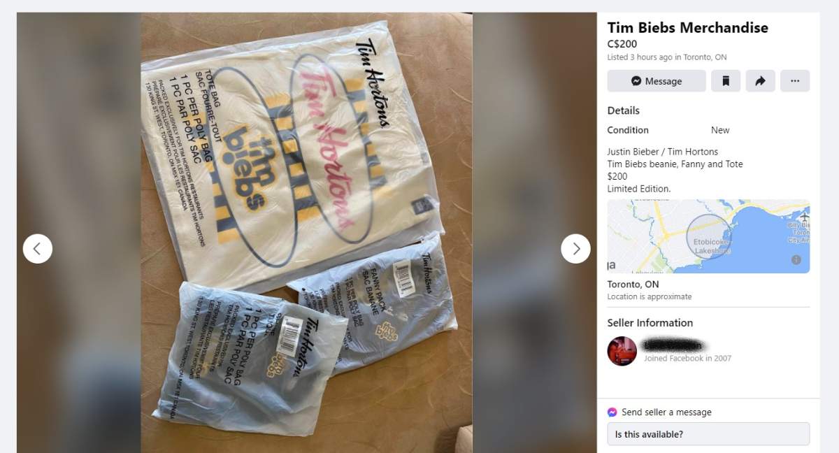 a facebook marketplace post shows TimBiebs swag for sale at a high markup