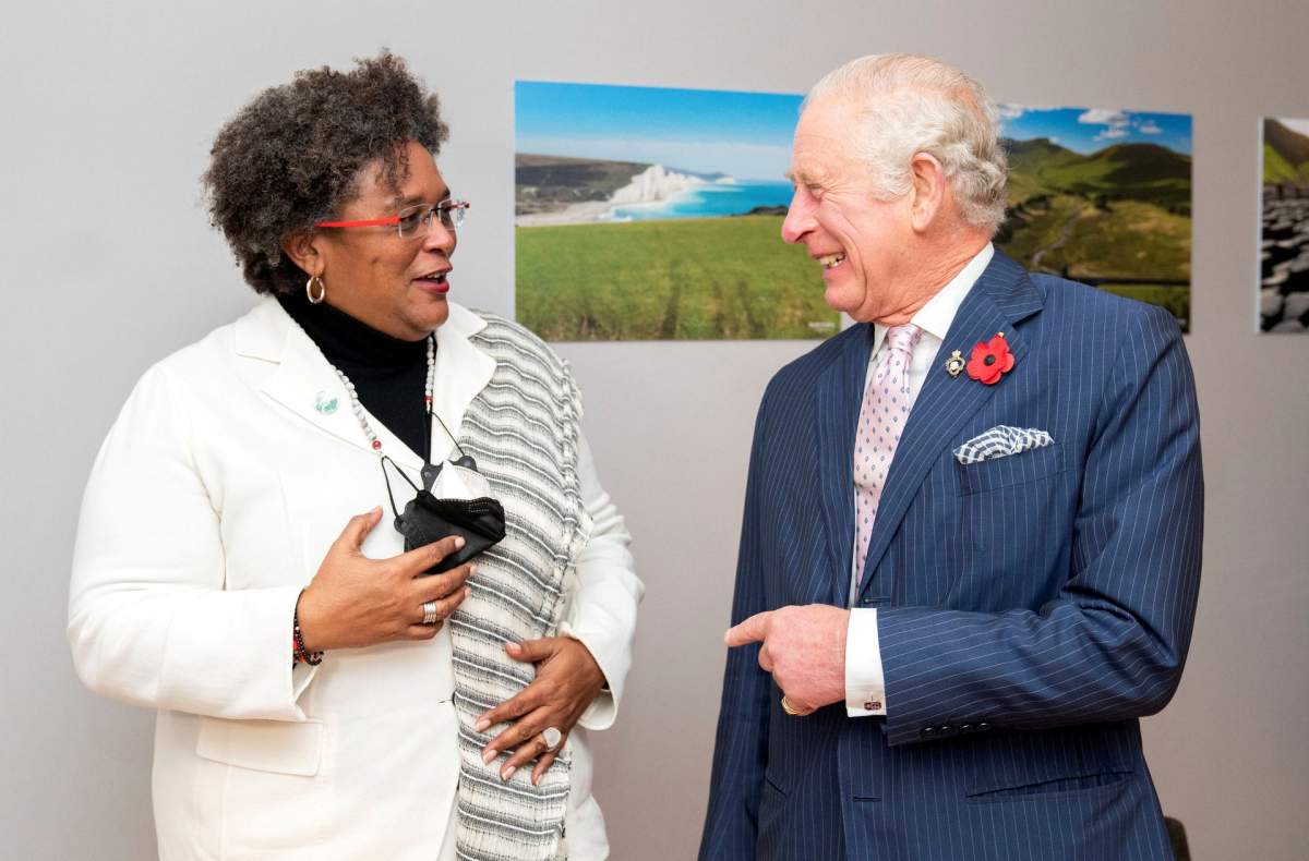 Britain's Charles, Prince of Wales, greets Barbados' Prime Minister Mia Amor Mottley ahead of their bilateral meeting on the sidelines of the UN Climate Change Conference (COP26) in Glasgow, Scotland, Britain November 1, 2021.