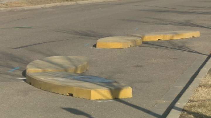 A photo of the new traffic calming curbs along James Hill Road in Regina’s Harbour Landing area.