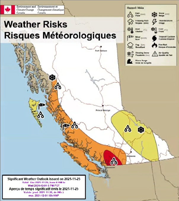 Environment Canada issued its first ‘red level alert’ for southern B.C. on Nov. 26, 2021 as the province faces back-to-back atmospheric rivers hitting an already flooded landscape.